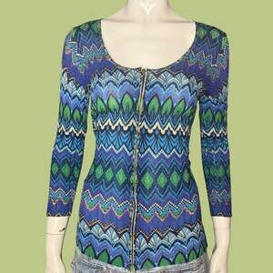 Y2K 2000s Caché Geometric Print Full-Zip Knit Cardigan Sweater